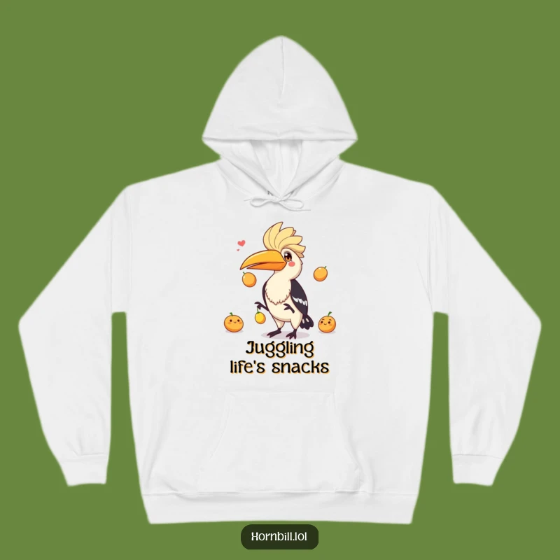 Cozy Funny Hornbill Juggling Fruits Hoodie - Warm Playful Bird Comfort Gift
