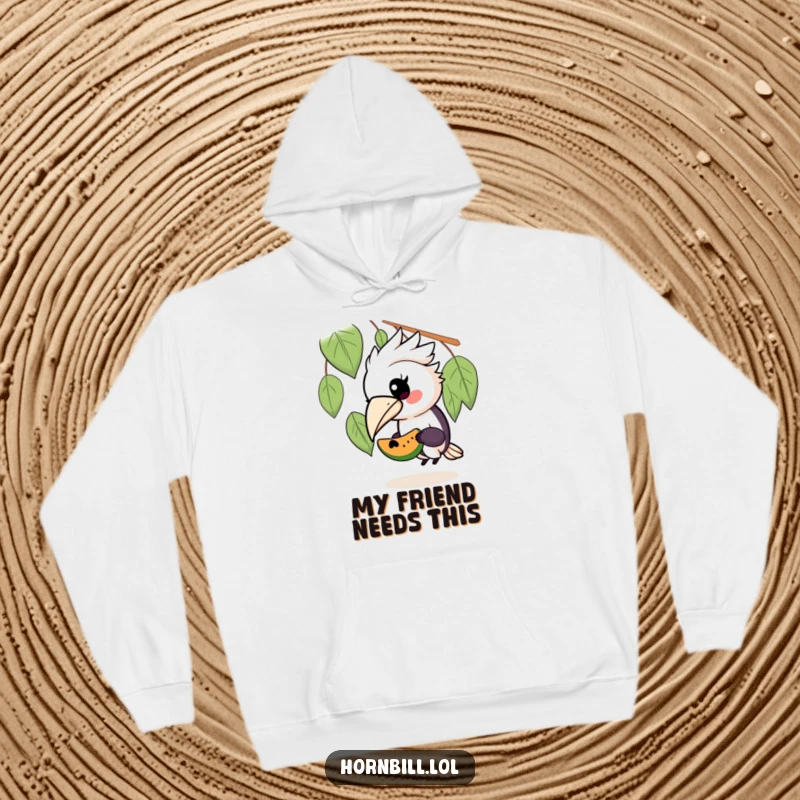 Funny hoodie with a kawaii hornbill bird sharing a juicy fruit with a tiny, happy companion, designed for ultimate comfort and cheer.