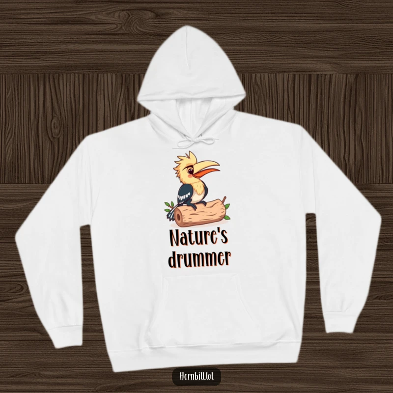 Funny Hoodie: Soft, warm hoodie featuring a happy hornbill bird creating music by pecking a log rhythmically.