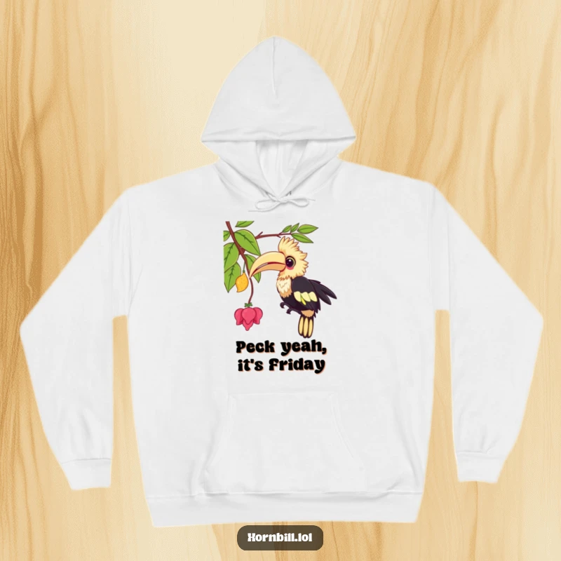 Funny kawaii hornbill hoodie, showing a cute bird playfully pecking at a vine, cozy apparel for humor lovers.