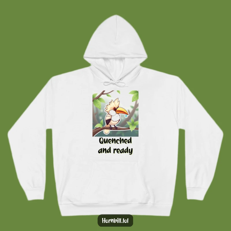 Cozy Funny Chubby Hornbill Dewdrop Sip Hoodie - Warm Humor for Cold Days