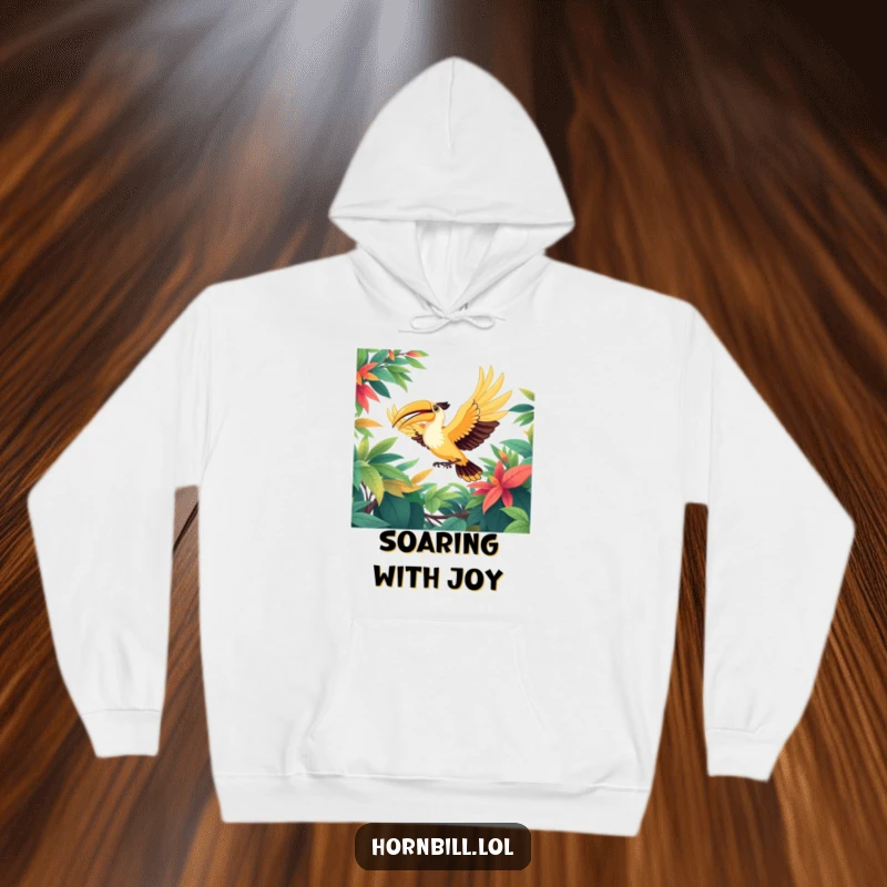 Funny hoodie illustrating a joyful hornbill bird with wings outstretched, soaring powerfully through a sun-dappled, vibrant leafy jungle canopy.