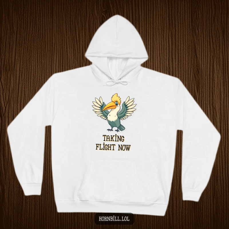 Funny Hornbill Hoodie: A hornbill character stretching its wings wide with a triumphant flourish, a wonderful funny gift.