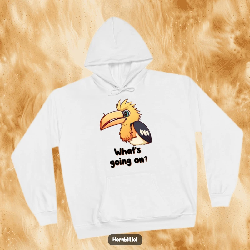 Funny Hoodie: Soft, warm hoodie featuring a curious hornbill bird intently observing a floating seed, great for thinkers.