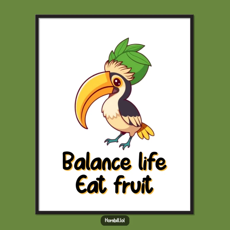 Free Printable Hornbill Fruit Balance Art: Concentrated Bird Funny Downloadable Decor