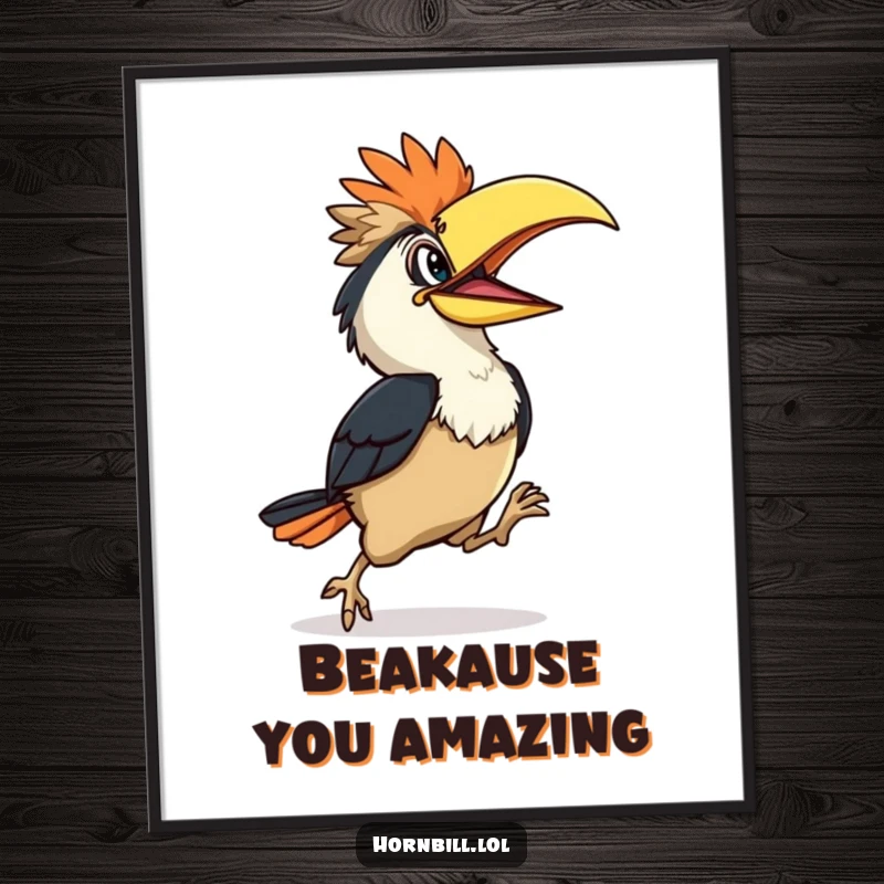 Funny Free Printable Hornbill Wall Art: A hornbill character performs a happy hop, adding whimsical decor.