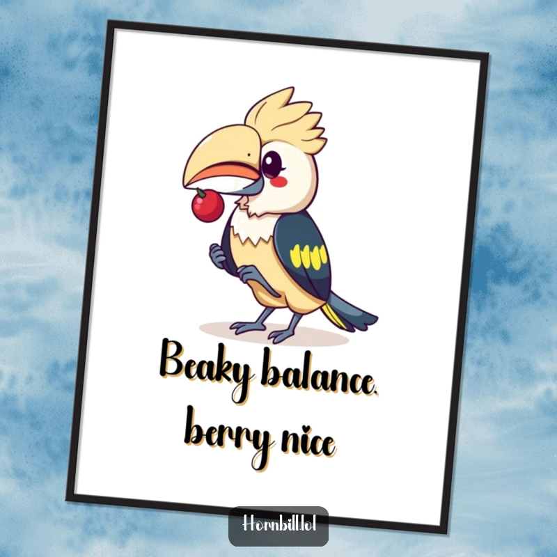 Funny Free Printable Wall Art featuring a cute kawaii hornbill balancing a small berry on its beak, a delightful and skilled display.