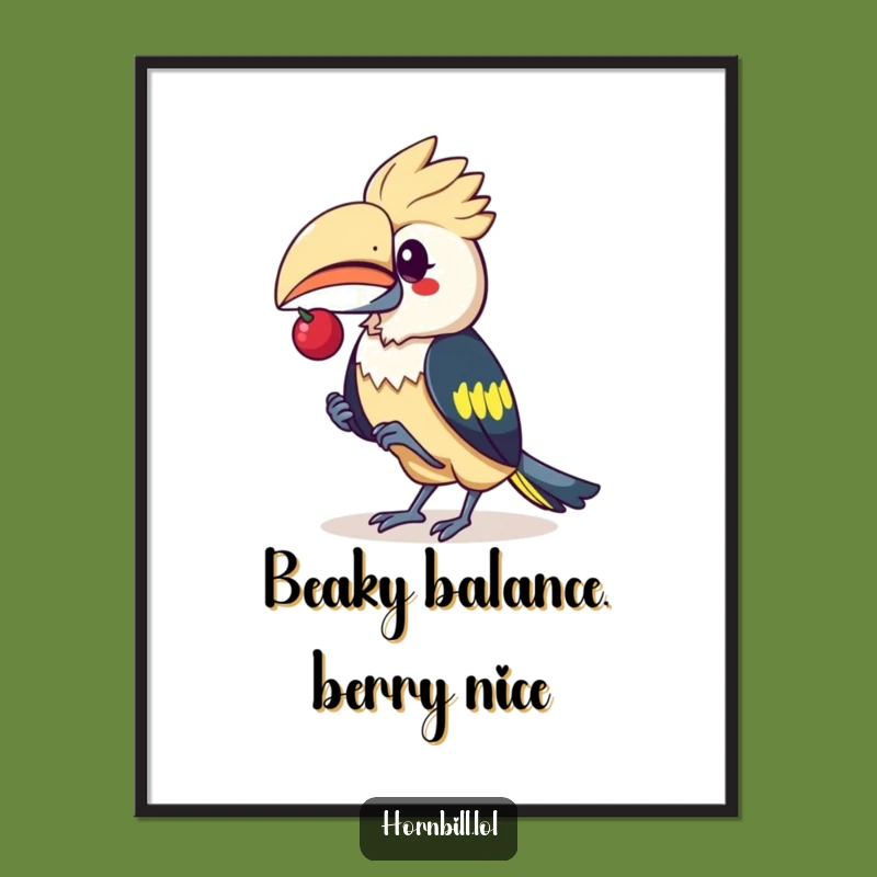 Free Printable Wall Art: Kawaii Hornbill Berry Balance - Funny Downloadable Decor for Whimsical Charm!