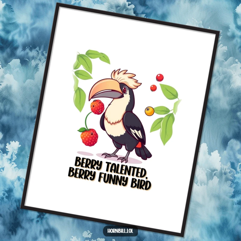 Funny Free Printable Wall Art: A skilled hornbill entertains with two juicy berries in a comical juggling act.