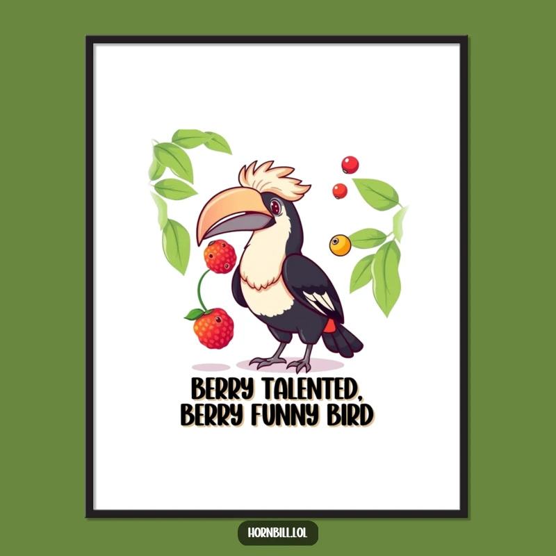 Free Printable Wall Art: Funny Hornbill Juggling Berries, Humorous Downloadable Artwork