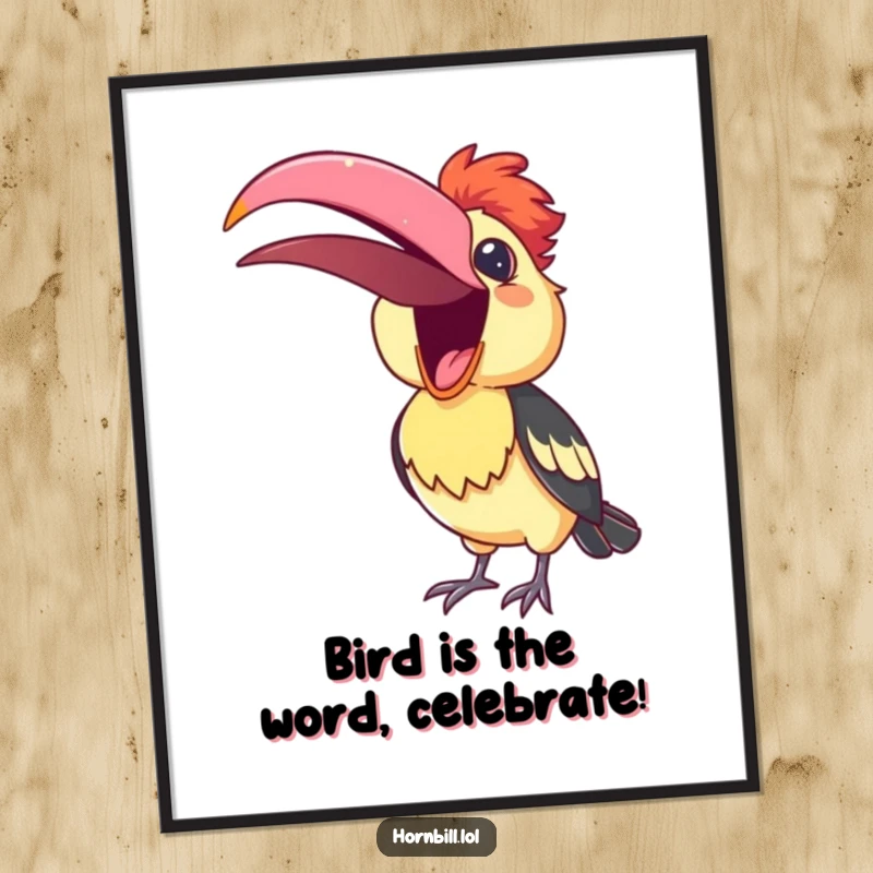 Funny Free Printable Wall Art: A cute hornbill with beak open, singing a cheerful song, bringing a dose of avian amusement.