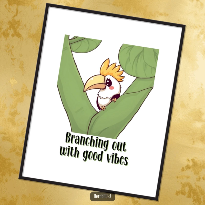 Funny Free Printable Wall Art: A curious Kawaii hornbill with wide eyes peeks from behind lush green leaves, adding playful charm.