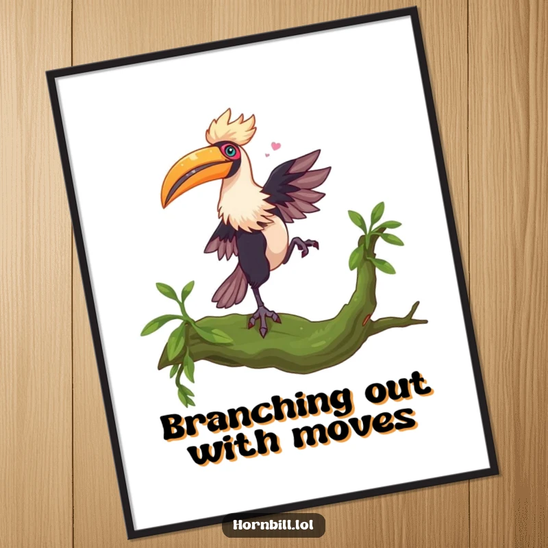 Free Printable Wall Art: Hornbill in a whimsical dance pose on a mossy branch, capturing movement and joy.