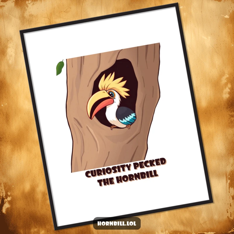 Funny Free Printable Wall Art: A hornbill with intense curiosity peeks into a dark hollow tree.
