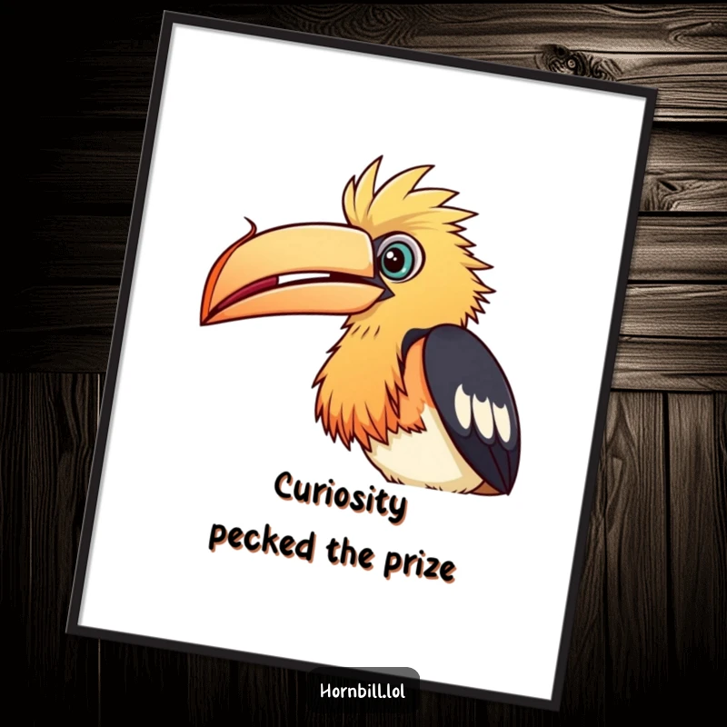 Funny Free Printable Wall Art: A curious hornbill tilting its head, intensely peering at a small floating seed.