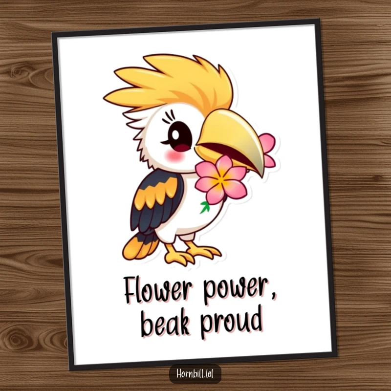Funny Free Printable Hornbill Wall Art: A hornbill winks playfully, holding a bright flower, adding cheerful decor.