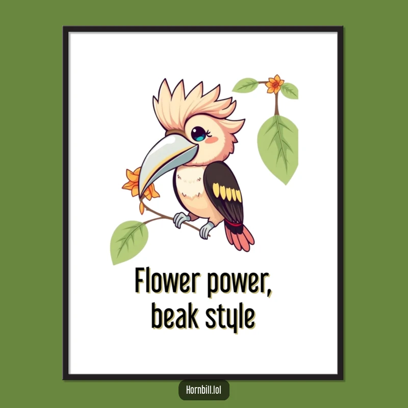 Free Printable Wall Art: Kawaii Hornbill Pecking Petal Funny Downloadable Art Gift