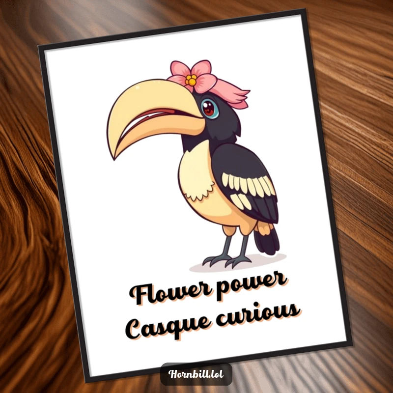 Funny Free Printable Wall Art: A hornbill tilts its head inquisitively, a delicate flower resting upon its ornate casque.