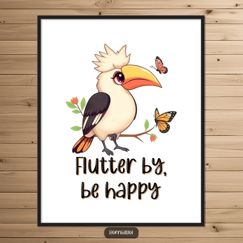 Funny Free Printable Hornbill Wall Art: A cute hornbill with bright eyes watches a butterfly flutter by, adding serene decor.