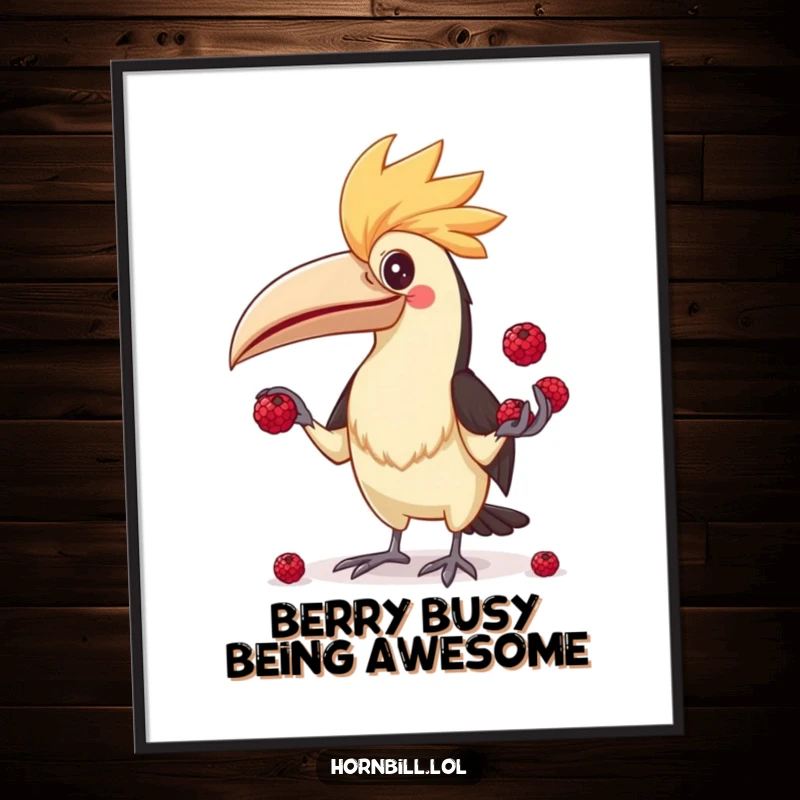 Funny Free Printable Hornbill Wall Art, a hornbill with a comical expression juggling flying berries, a whimsical piece.