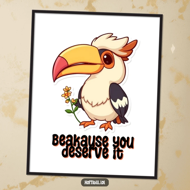 Funny Free Printable Wall Art: Hornbill with a cheerful grin offering a small flower, spreading natural joy.