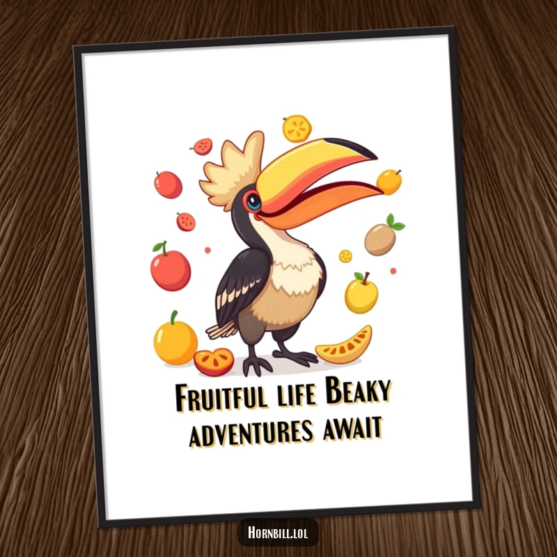 Funny Free Printable Wall Art: A cheerful hornbill comically juggling a variety of colorful fruits with its beak, perfect for lighthearted decor.