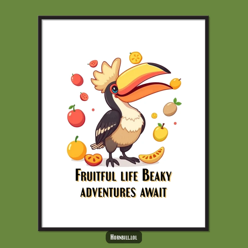 Free Printable Wall Art: Comical Hornbill Juggling Fruits for Quirky Home Decor