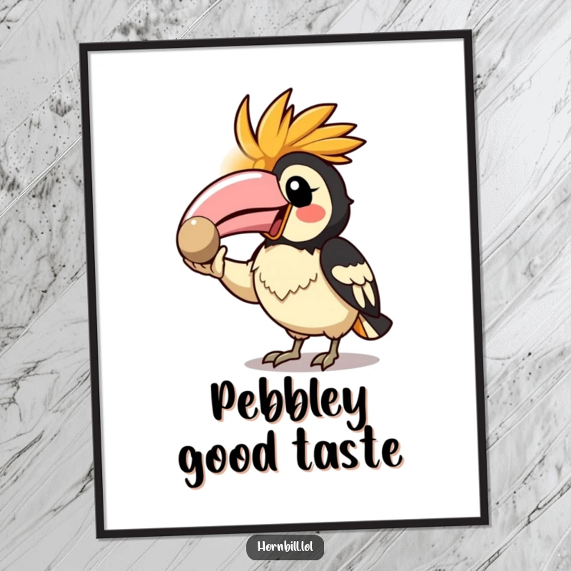 Funny Free Printable Wall Art: A Kawaii hornbill enthusiastically shows off a sparkling shiny pebble, its expression full of glee and pride.