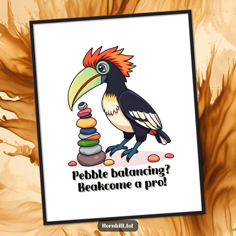 Funny Free Printable Wall Art: A comical hornbill attempting to balance a tall stack of colorful pebbles on its beak, showcasing playful determination.