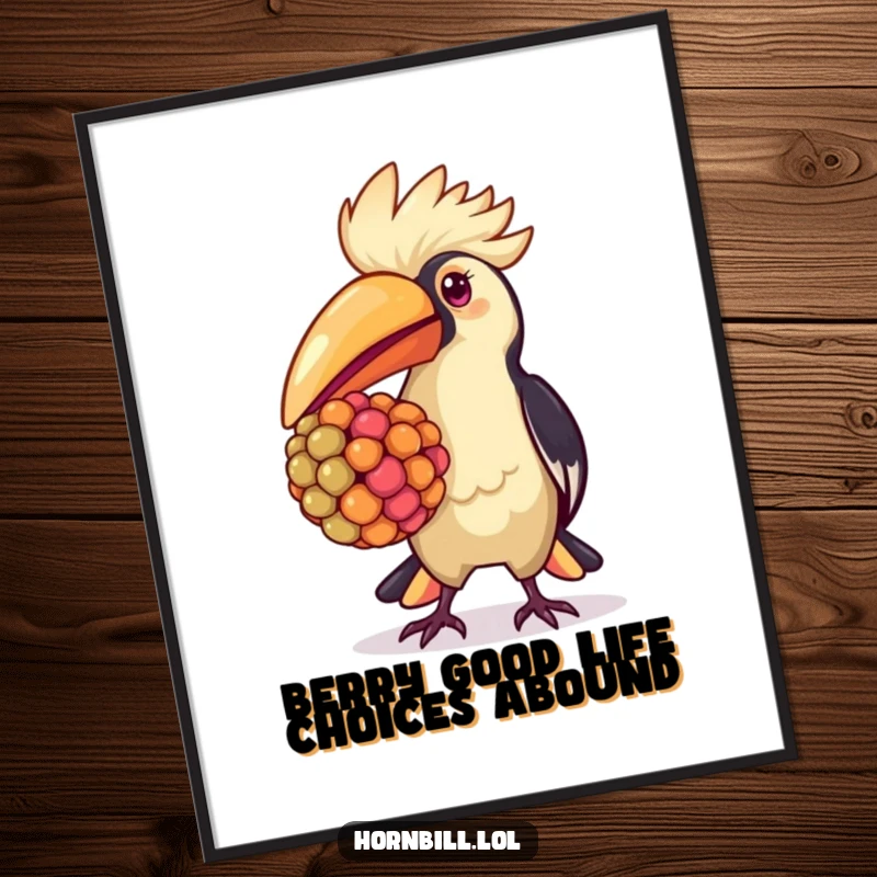 Funny Free Printable Wall Art: A proud kawaii hornbill carrying a large, vibrant berry in its beak.