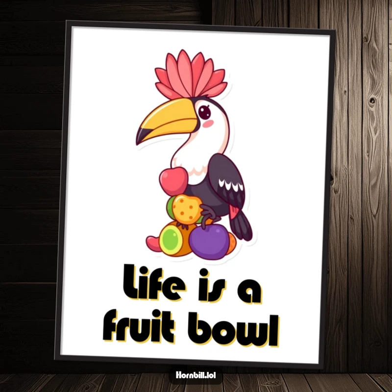 Funny free printable wall art of a kawaii hornbill character playfully balancing a stack of colorful fruits, a vibrant tropical touch.
