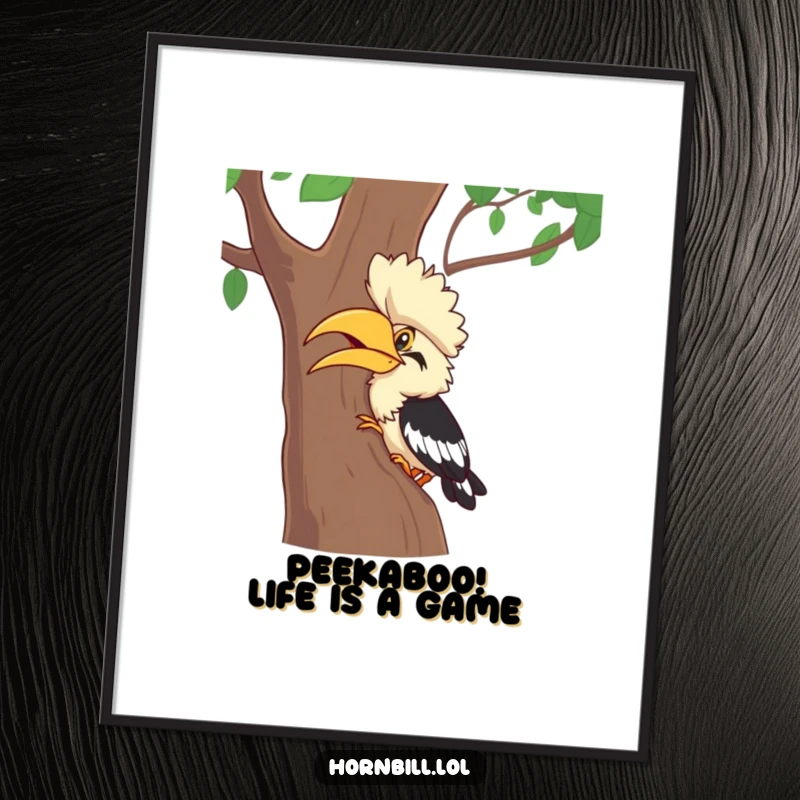 Funny Free Printable Hornbill Hide-and-Seek Wall Art: A delighted hornbill plays peek-a-boo behind a tree, instant joy.