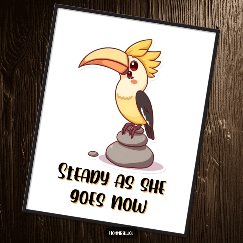 Funny free printable wall art of a kawaii hornbill attempting to balance a stack of small pebbles, adding quirky and balanced decor.