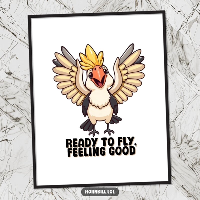 Funny Free Printable Wall Art of a happy hornbill with wings spread wide, captured in a moment of joyful anticipation for flight.