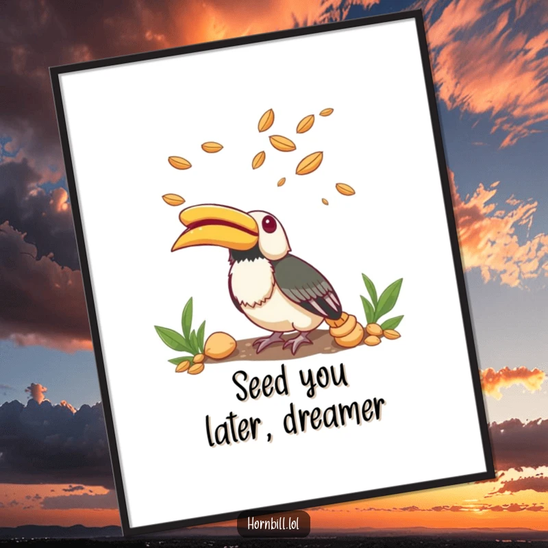 Funny Free Printable Wall Art: Small hornbill looking up with wonder at flying seeds, a scene of delicate curiosity.