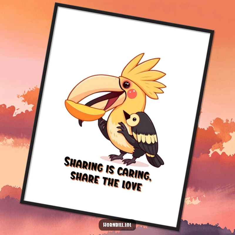 Funny Free Printable Wall Art: A hornbill joyfully shares a juicy piece of fruit with a smaller, appreciative bird.