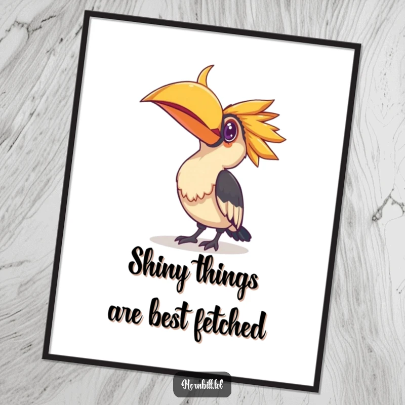 Funny Free Printable Wall Art; a hornbill curiously cocks its head, captivated by a small, shiny object.