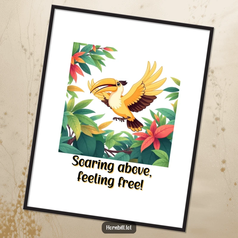Funny Free Printable Wall Art: A happy hornbill majestically soaring through a dense, vibrant green leafy canopy with its wings fully outstretched.