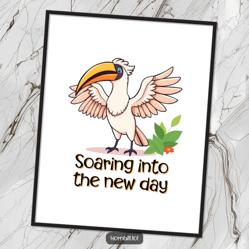Free Printable Wall Art: Happy hornbill stretching its wings in the morning sun, bringing a sense of optimism.