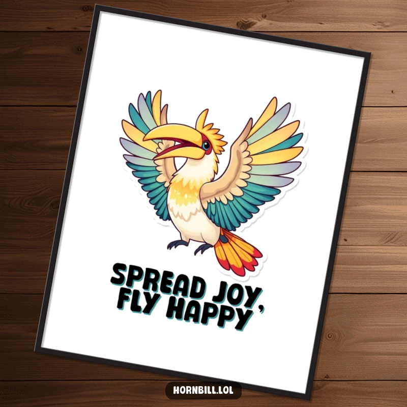 Funny Free Printable Wall Art: A hornbill is shown spreading its colorful wings wide, caught mid-flight with sheer elation.