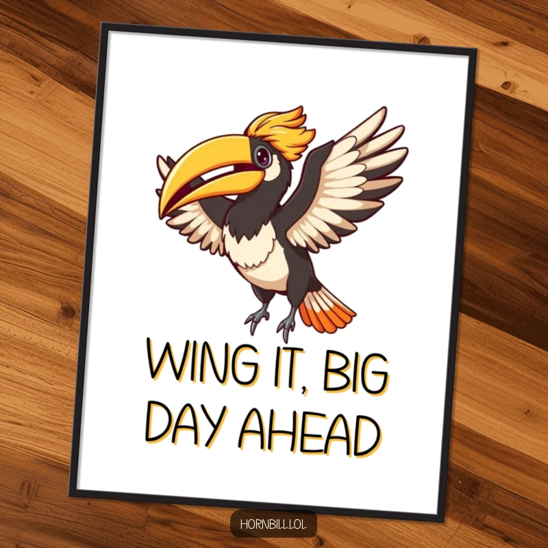 Funny Free Printable Wall Art of a delightful hornbill captured mid-flap, exuding pure, uninhibited joy and playful energy.