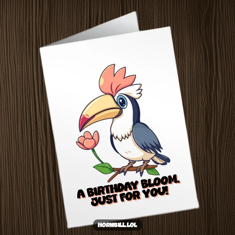 Free Printable Birthday Card: A kawaii hornbill proudly presents a vibrant flower held gently in its large, impressive beak.