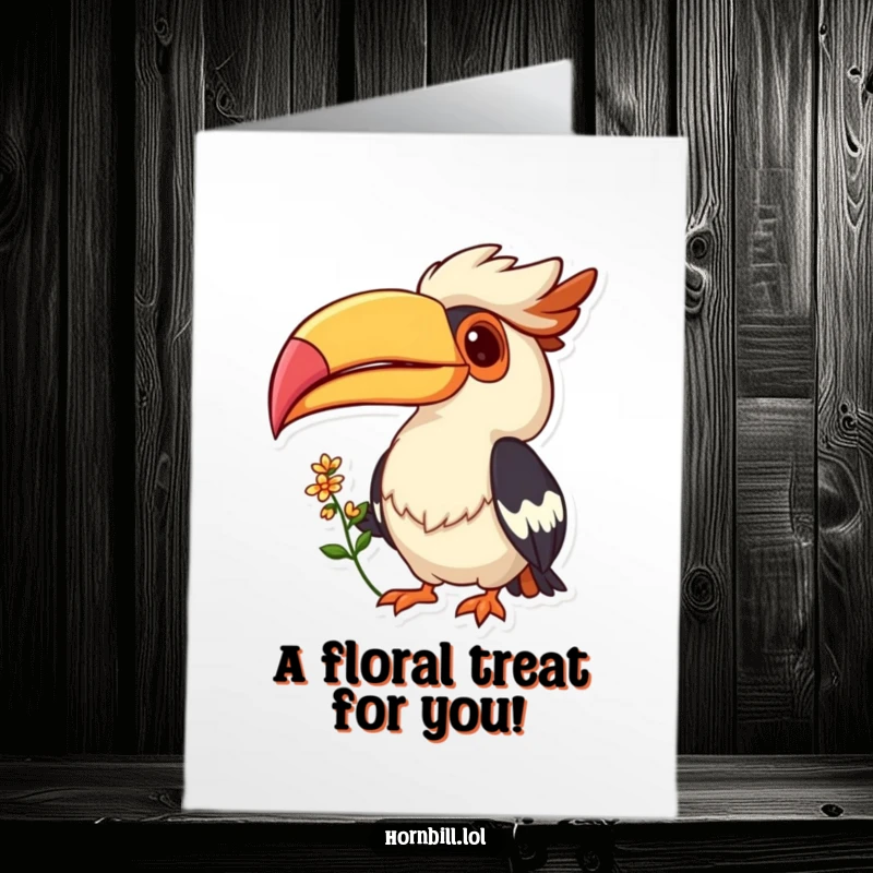 Funny Free Printable Birthday Card: Hornbill with a cheerful grin offering a small flower for a birthday wish.