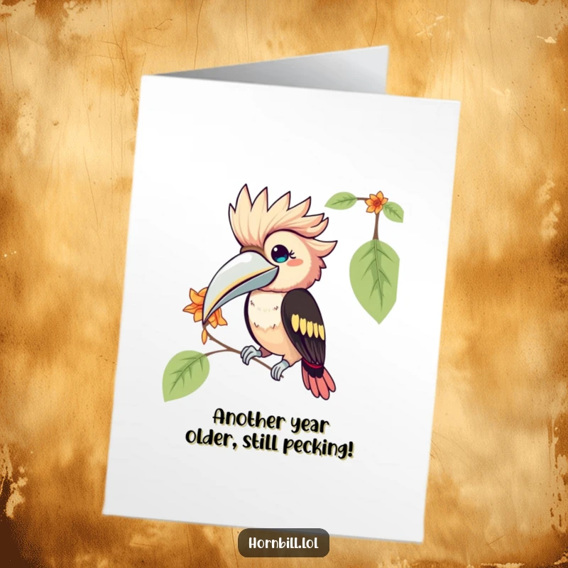 Funny Free Printable Birthday Card featuring a kawaii hornbill playfully pecking at a dangling flower petal, spreading joy.
