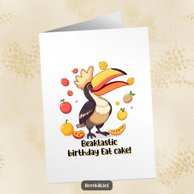Funny Free Printable Birthday Card: Comical Hornbill hilariously juggling bright fruits with its huge beak, ready to party.