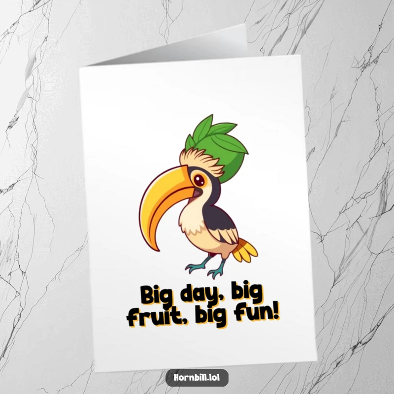 Funny Free Printable Hornbill Birthday Card, a hornbill concentrating hard while balancing a huge fruit on its beak.