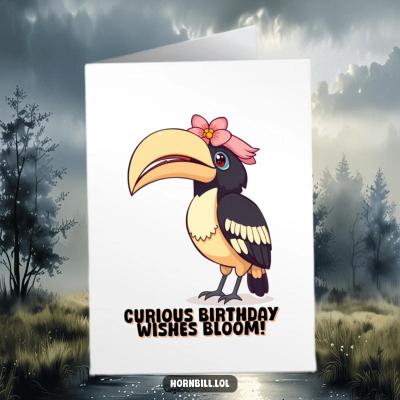 Funny Free Printable Birthday Card: A hornbill tilts its head curiously, a colorful flower adorning its casque, pondering your birthday.