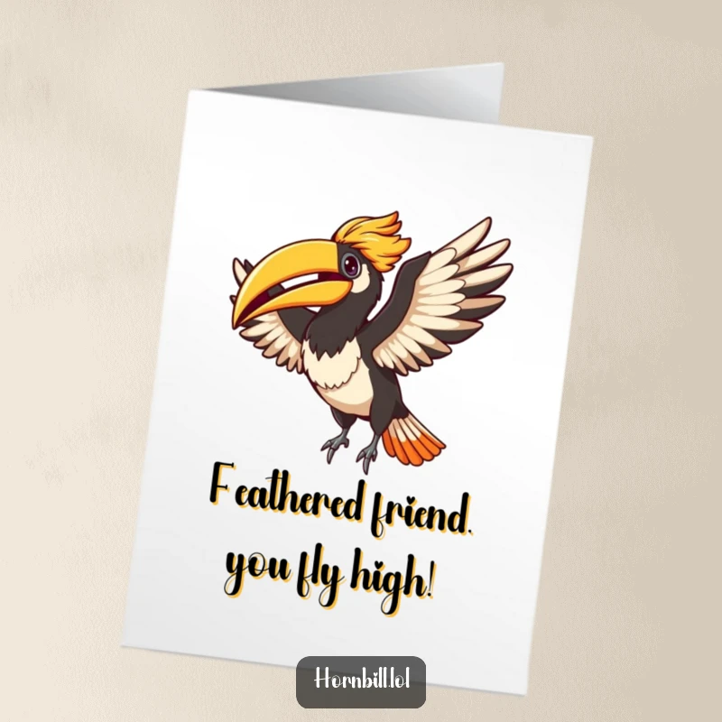 Funny Free Printable Birthday Card featuring a cute hornbill flapping its wings wildly in celebration, a joyful and comical greeting.