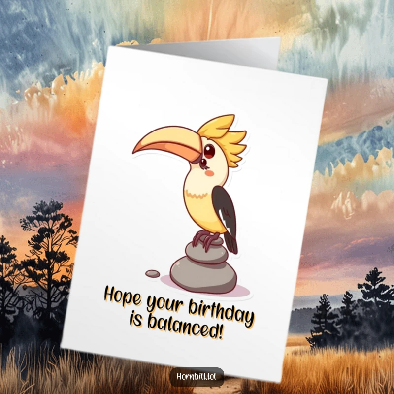 Funny free printable birthday card showing a kawaii hornbill attempting to balance a stack of small pebbles, perfect for a stable celebration.