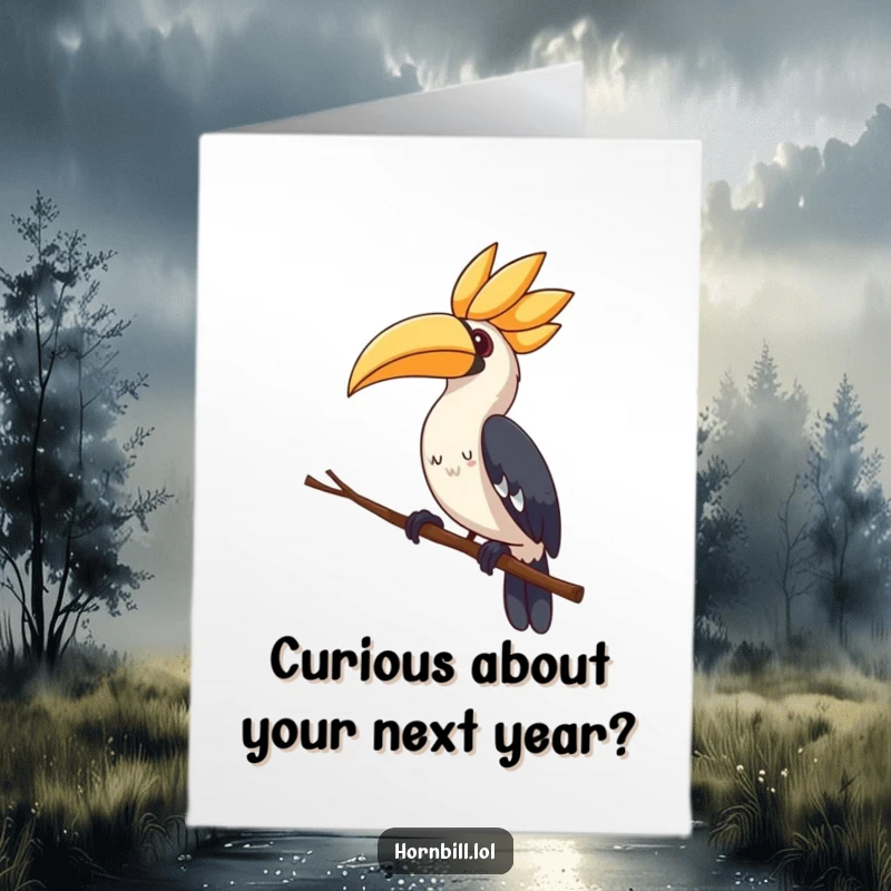 Funny Free Printable Birthday Card: A cute hornbill tilting its head curiously while perched on a thin branch.